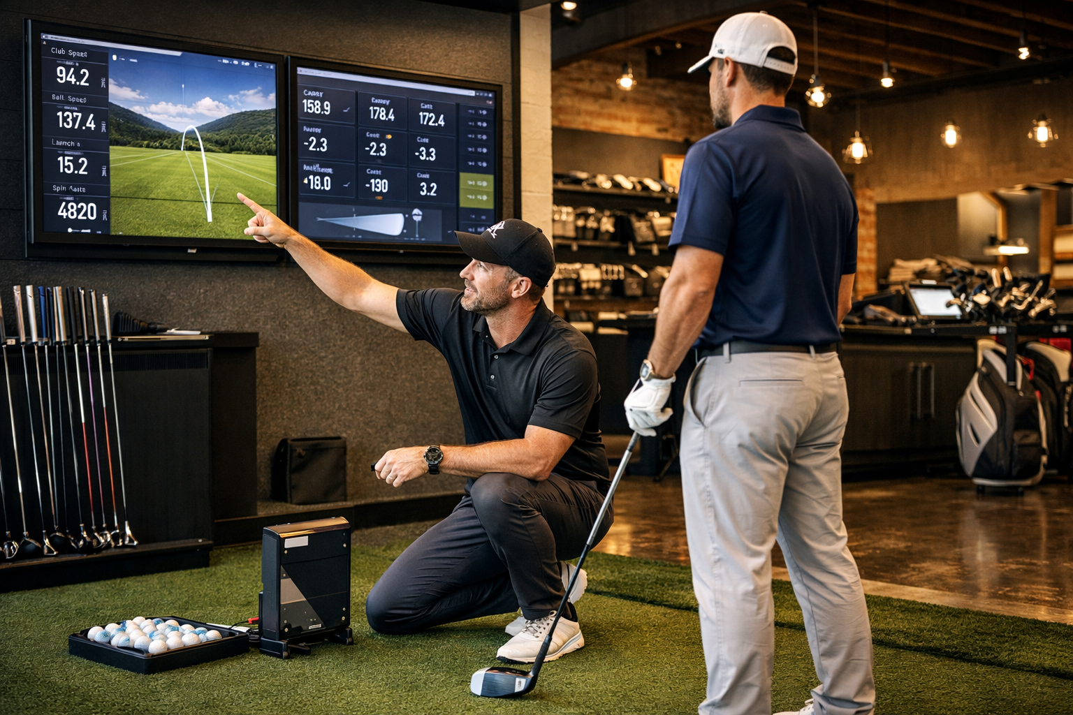 Professional golf club fitter analyzing launch monitor data during an AI-powered custom club fitting session