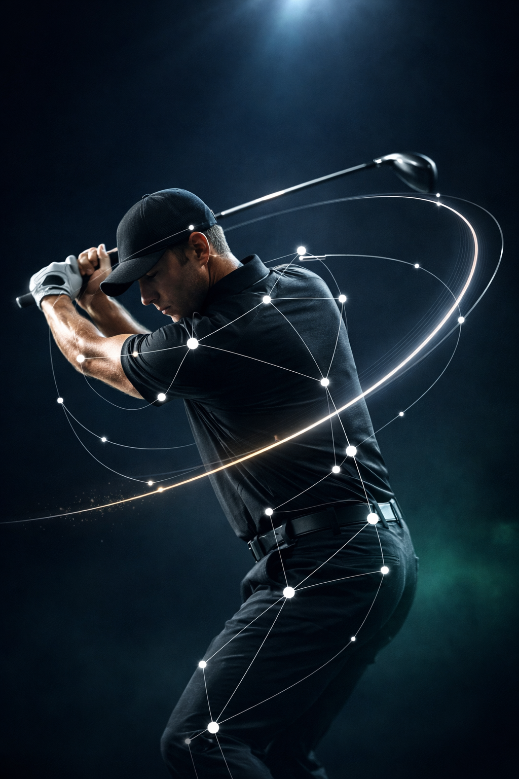 Golfer mid-swing with AI motion capture data points tracking body and club movement for custom golf club fitting